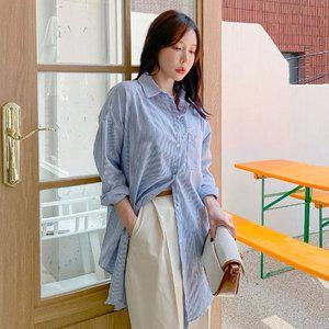 [기타]여성 봄 코튼 박시 스트라이프 롱 셔츠 면 남방 NB0045S 빅사이즈 루즈핏