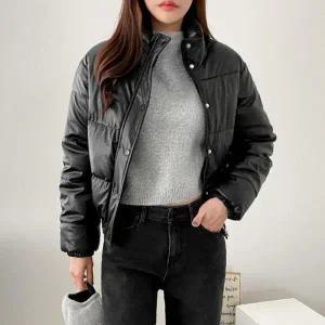 /옷자락 여자 페이크레더 푸퍼 가죽 숏패딩 점퍼