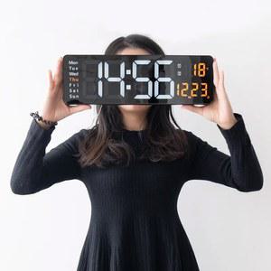 대형 LED 디지털 온도 벽걸이 16 날짜 리모컨 알람 시계 표시 인치 벽시계 듀얼