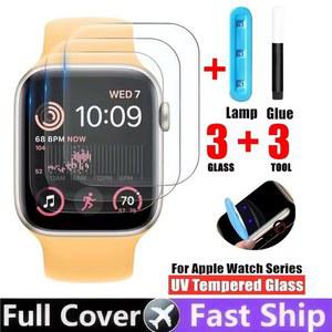 Apple Watch 용 UV 접착제 강화 유리 보호 필름 10 9 8 7 46MM 44MM 45MM 화면 보호기 IWatch 시리즈 44 45 46 40 41 MM