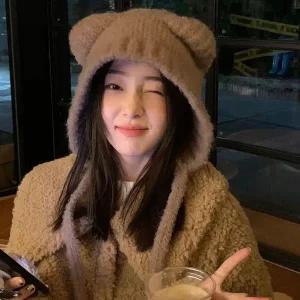 3컬러 겨울 뽀글이 니트 곰돌이후드 끈모자 양털비니