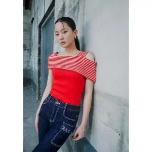 에고이스트 CAPSULE LINE 스트라이프 믹스 언발 오프숄더 티셔츠 ER2CH460 731389