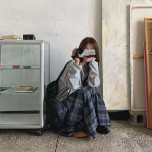 [하프클럽/]여성용 배색 체크 캉캉 롱 밴딩 스커트
