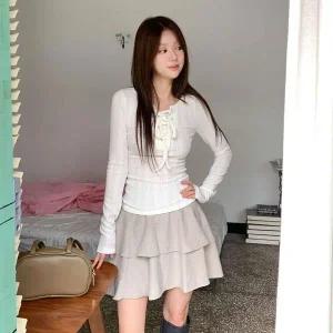 [하프클럽/]여성용 더블 세무 쁘띠 티어드 치마