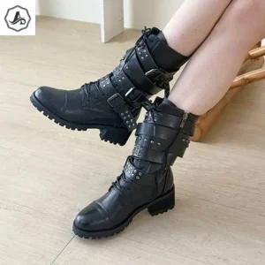 [애슬릿] 레이스업 워커 미들 부츠 찡 버클 여성 키높이