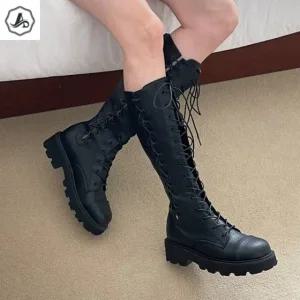 [애슬릿] 레이스업 롱 부츠 워커 여성 키높이 통굽 슬림
