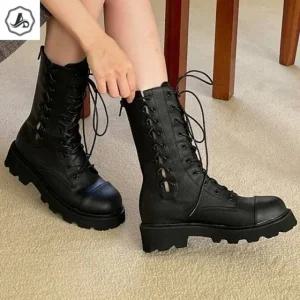 [애슬릿] 여성 워커 부츠 앵클 레이스업 키높이 통굽 블랙