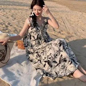 [피커]바닷가 휴양지 플라워 패턴 리본 심플원피스 원피스