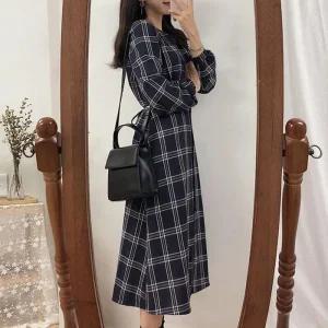 [피커]패턴 브이넥 단추 체크원피스 롱원피스 가을 데일리
