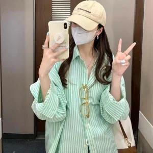 [피커]쿨 민트 오버핏 여름셔츠 와일드 스트라이프 셔츠