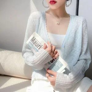 [피커]이그노바 긴팔 브이넥 얇은 시스루 가디건 비치