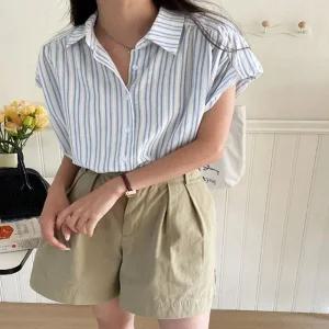 [피커]반팔셔츠 스트라이프 린넨셔츠 남방 블라우스 여름