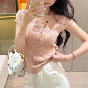 [피커]단추포인트 골지니트 반팔티셔츠 F007551_헨리V넥