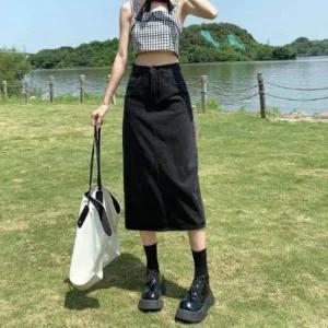 [하프클럽/]여성 캐주얼 면혼합 블랙 롱 스커트 뒷트임