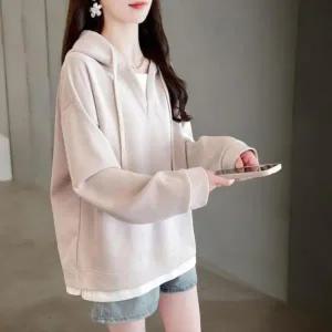 [하프클럽/]여성 연베이지 후드 레이어드 루즈핏 맨투맨
