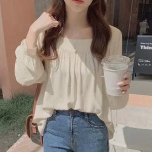상의 긴팔 스퀘어넥 블라우스 쉬폰 예쁜 여성