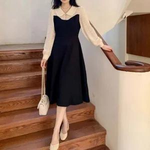 옆지퍼 앞 주얼리단추 블랙 레이어드디자인 원피스