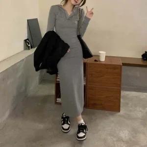 옆트임 가슴 포켓 브이넥 후드 원피스