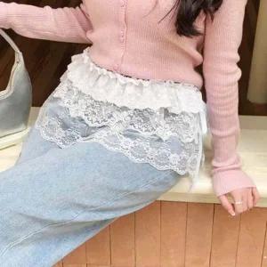 청바지 레이어드 레이스 스커트 밴딩 랩스커트
