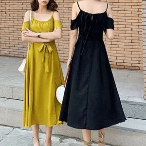 어깨트임 원피스 주름 허리스트링 바캉스룩