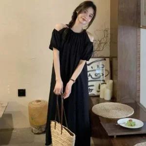 일상룩 여행룩 데이트룩 어깨트임 반팔 롱원피스2컬러