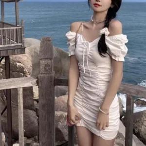 주름 여름 미니 쉬폰원피스 흰색원피스 오프숄더 퍼프