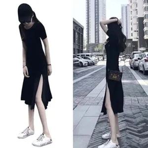 여름 반팔 원피스 A라인 편한 옆트임 플레어 이너 롱