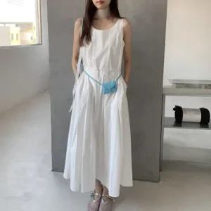 데이트룩 하객룩 모임룩 핀턱 나시 벨트 롱 원피스