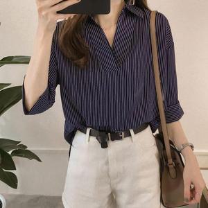 [오노마] ONM 단추없는 7부 스트라이프 셔츠 블라우스 데일리 남방