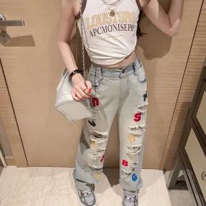 여아 초등학생 알파벳 빈티지 찢청 청바지