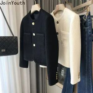 트위드 자켓 여자 린넨 크롭 코트 여성 가죽 청 재킷 여성용 템퍼러먼트 O넥 긴팔 화이트 튜닉 아우터 패션