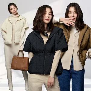 메시제이 퀼팅 케이프 후드 패딩 빅사이즈 반팔 조끼 베스트 루즈핏 트임 여성 간절기 가을 겨울 등하원룩