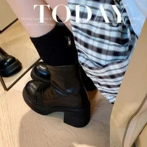엘럽 여자 워커힐 소가죽 리얼 스판 슬림 부츠 통굽 앵클 가을 겨울 워커 힛템