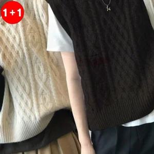 여성용 베스트 꽈배기 패턴 라운드 니트조끼 루즈핏 가을 겨울 레이어드 상의