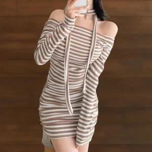 여성 스트라이프 셔링 오프숄더 미니 드레스