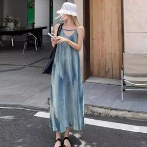 [오노마] ONM 여성 블루 민소매 롱 원피스 루즈핏 바캉스룩