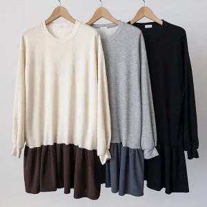 여성 투톤 골지 프릴 퍼프 미니 원피스 가을용