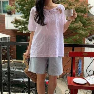 여성용 키치룩 펀칭 세미시스루 레이스 블라우스