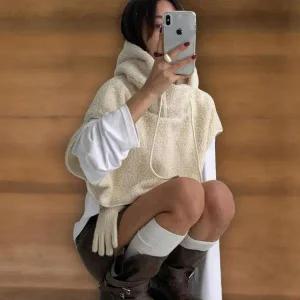 [하프클럽/]여성용 양털 후드 크롭 버튼 조끼 가을 겨울용