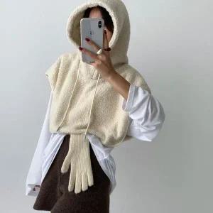 [하프클럽/]여성용 양털 후드 크롭 버튼 조끼 가을 겨울용