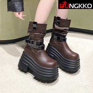 시크덩꼬 스타일리쉬 셔링 벨티드 라이딩 통굽 워커