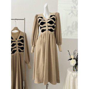 [모니카제이]니트 배색 플레어 롱원피스 n1074 _P369083714