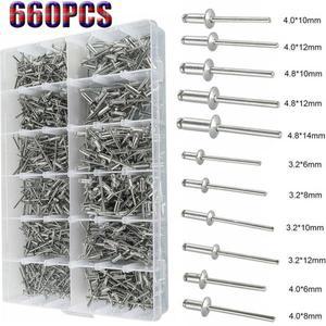 660pcs 3.2/4/4.8mm 알루미늄 돔 헤드 블라인드 리벳 팝 라운드 풀 장식 네일 배기