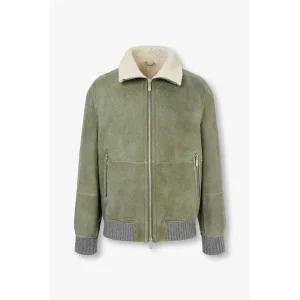 BRUNELLO CUCINELLI 남성 누벅 시어링 봄버 자켓 - 카키