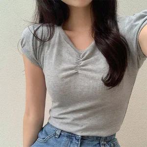 (데일리꾸안꾸/여리슬림핏) 노블리 셔링 브이넥 퍼프 반팔 티셔츠 ts4658