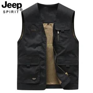 JEEP SPIRIT 남성 봄 가을 작업 조끼 남성용 통기성 스포츠 캐주얼 브이넥 조끼