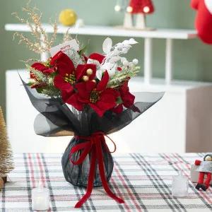 /플라워트리 크리스마스 장식 포인꽃 조화 화병 벨벳레드 set 45cm