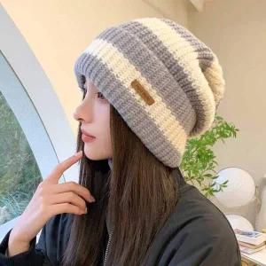 스트라이프 배색 굵은 빅 비니 스티치 라벨 겨울 방한 남자비니