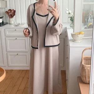 [다잇템] 여자 와플 캐미 카디건 콘트라스트 U넥 롱원피스 세트_23198718_588872