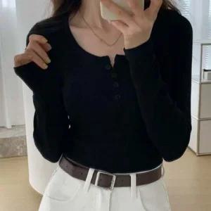 골지 긴팔 티셔츠 날씬해보이는 패션 단추 골지티